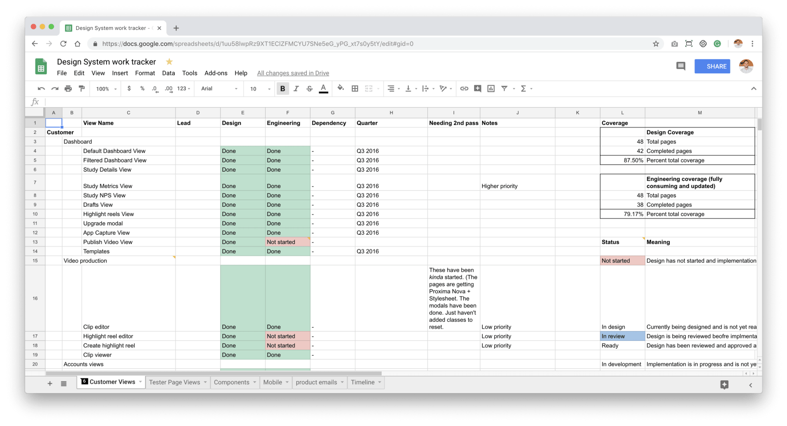 Spreadsheet to track progress of design system